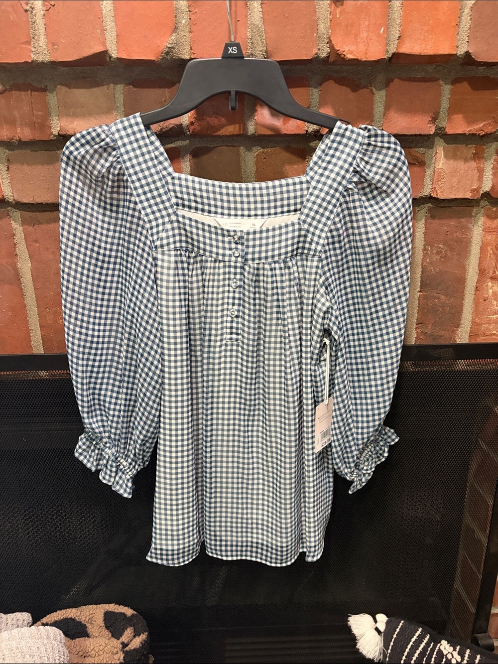 LC Lauren Conrad Blue & White Gingham Square-Neck Peasant Top